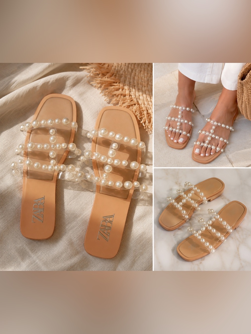 ZARA Nude Pearl-Strap Slide Sandals - Picture 3 of 3